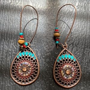 Vintage Dark Brown Water Drop Earrings, Ethnic Carved India Style Earring